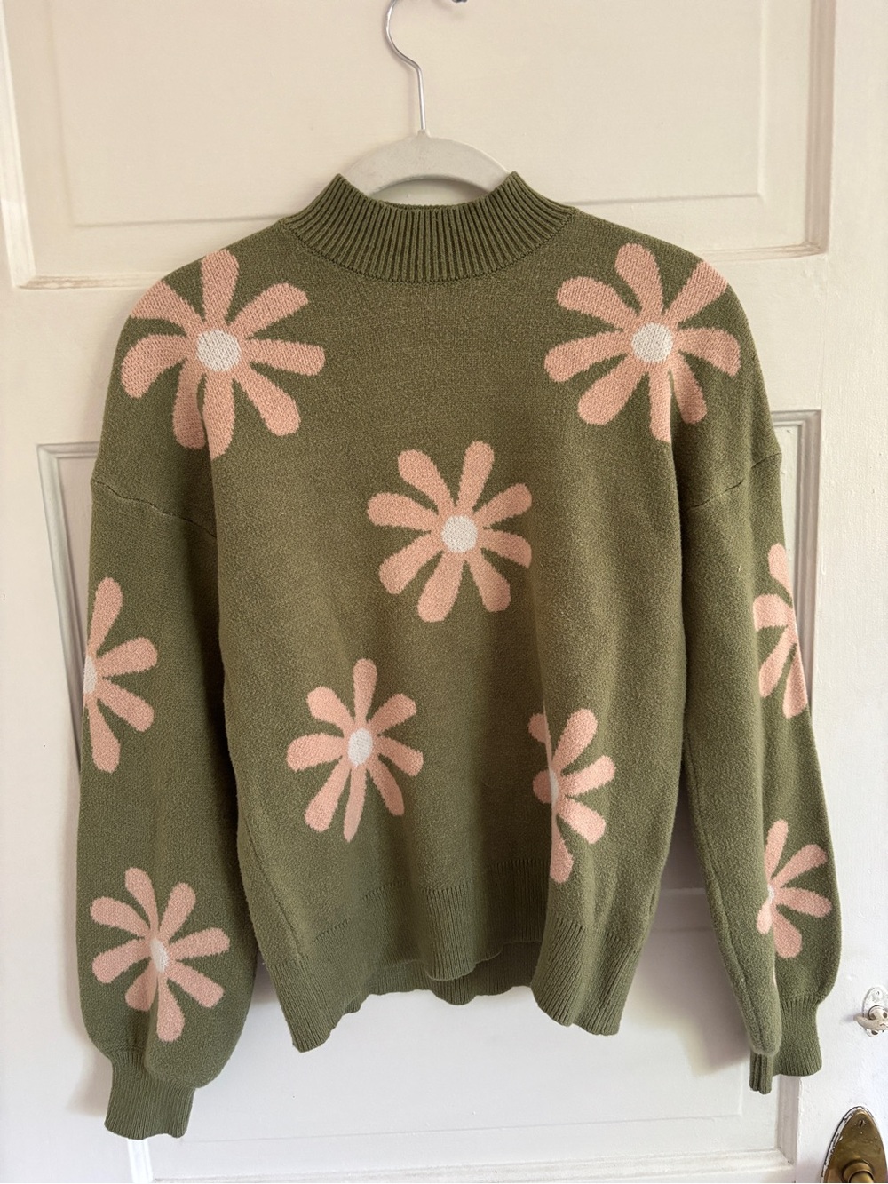 Olive Green Floral Knit Sweater with Daisies